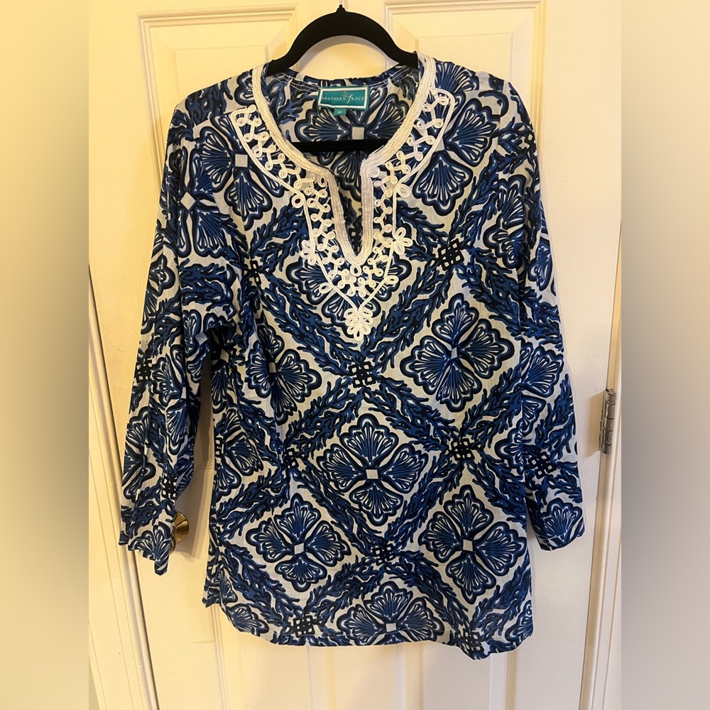 Southern Frock Blue & White Embroidered Tunic Top